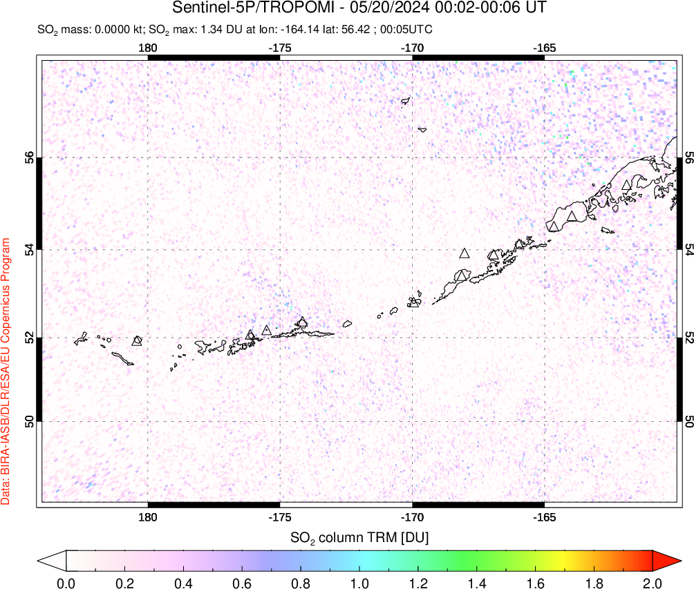 A sulfur dioxide image over Aleutian Islands, Alaska, USA on May 20, 2024.