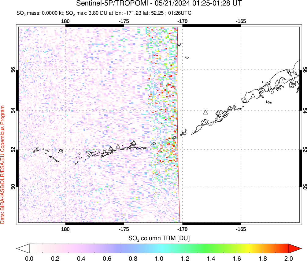 A sulfur dioxide image over Aleutian Islands, Alaska, USA on May 21, 2024.