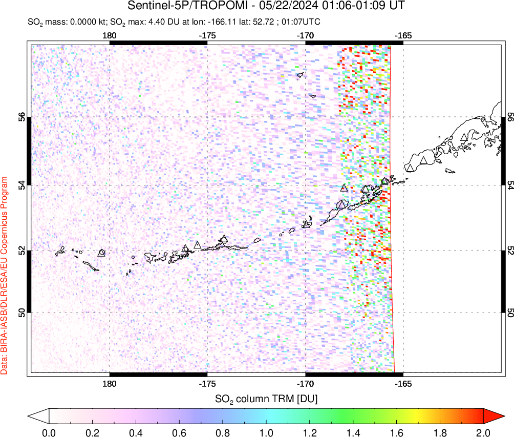 A sulfur dioxide image over Aleutian Islands, Alaska, USA on May 22, 2024.