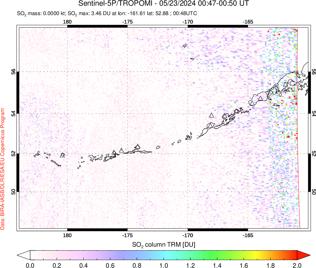 A sulfur dioxide image over Aleutian Islands, Alaska, USA on May 23, 2024.