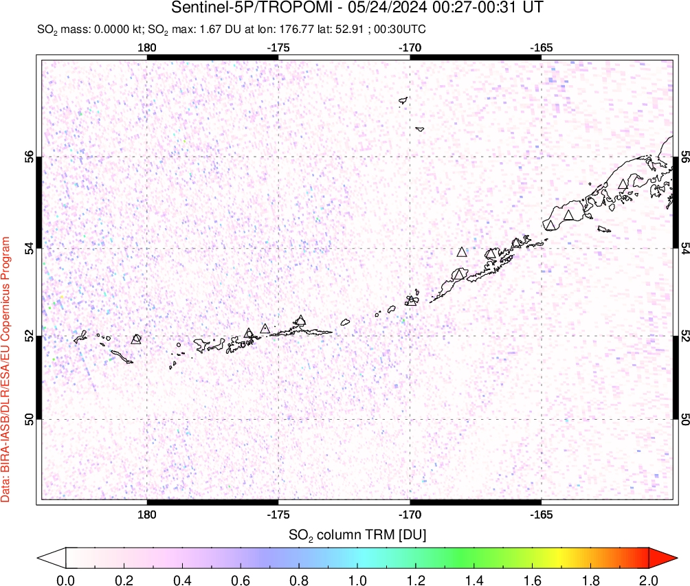 A sulfur dioxide image over Aleutian Islands, Alaska, USA on May 24, 2024.