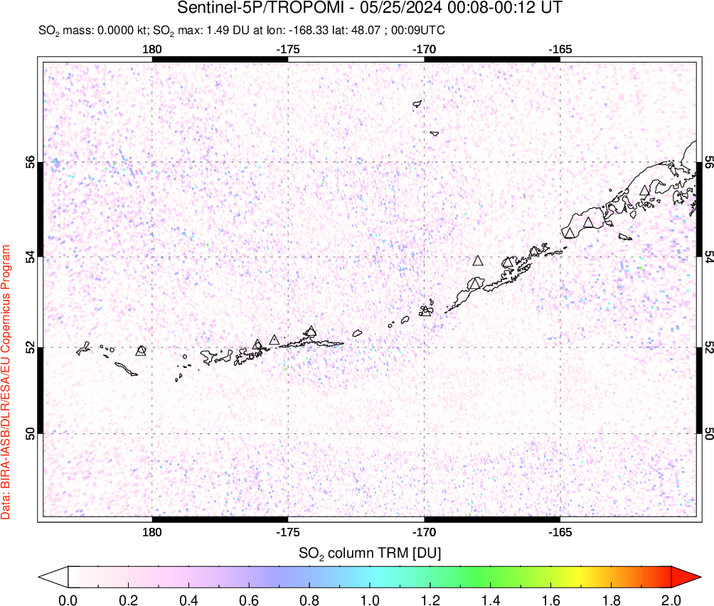 A sulfur dioxide image over Aleutian Islands, Alaska, USA on May 25, 2024.