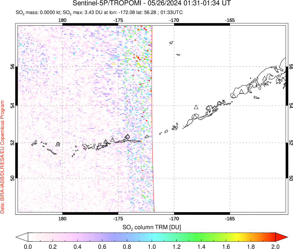 A sulfur dioxide image over Aleutian Islands, Alaska, USA on May 26, 2024.