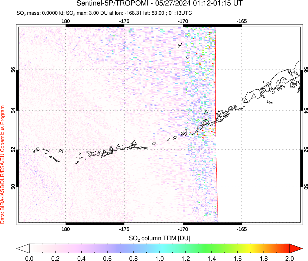 A sulfur dioxide image over Aleutian Islands, Alaska, USA on May 27, 2024.