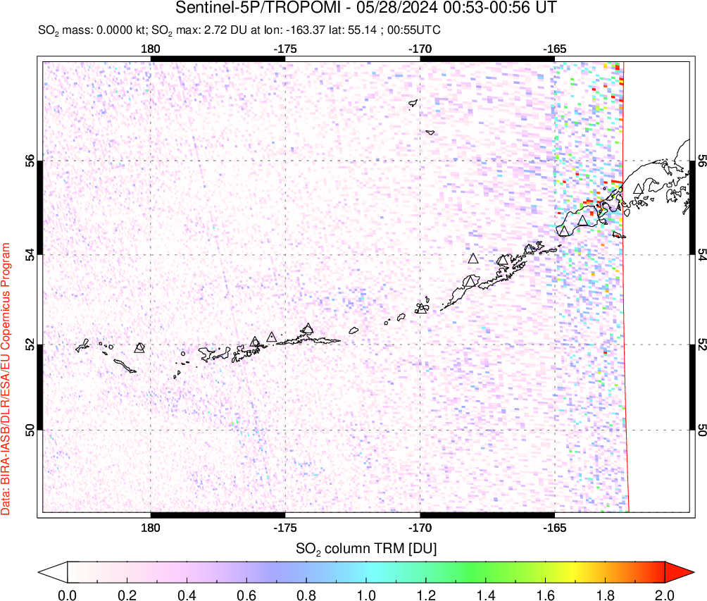 A sulfur dioxide image over Aleutian Islands, Alaska, USA on May 28, 2024.