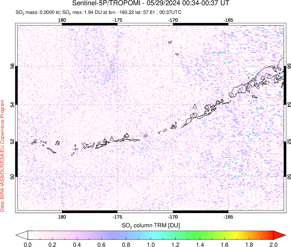 A sulfur dioxide image over Aleutian Islands, Alaska, USA on May 29, 2024.