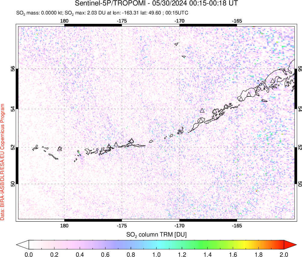 A sulfur dioxide image over Aleutian Islands, Alaska, USA on May 30, 2024.