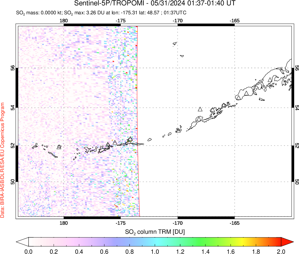 A sulfur dioxide image over Aleutian Islands, Alaska, USA on May 31, 2024.