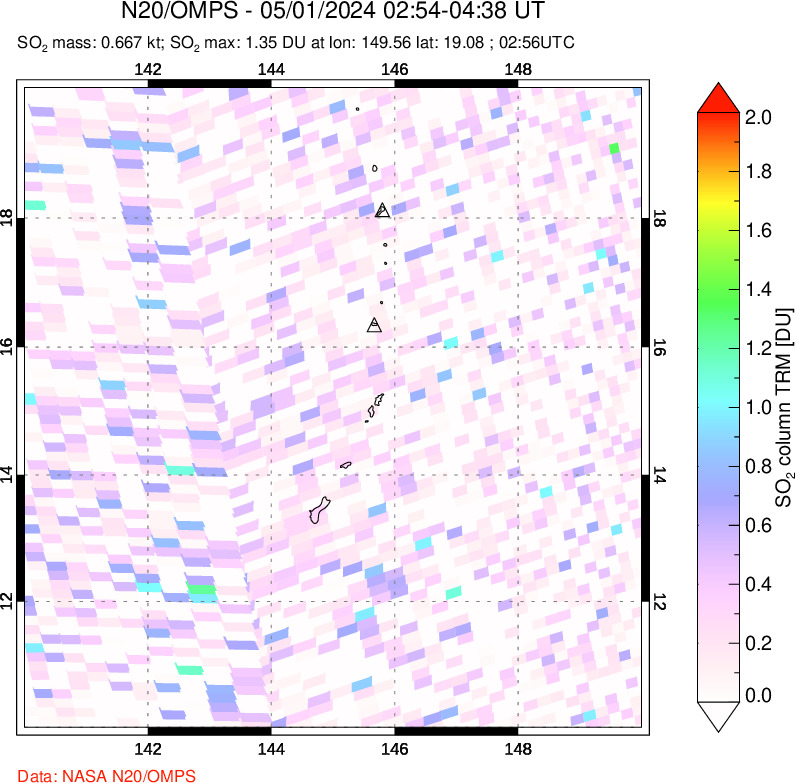 A sulfur dioxide image over Anatahan, Mariana Islands on May 01, 2024.