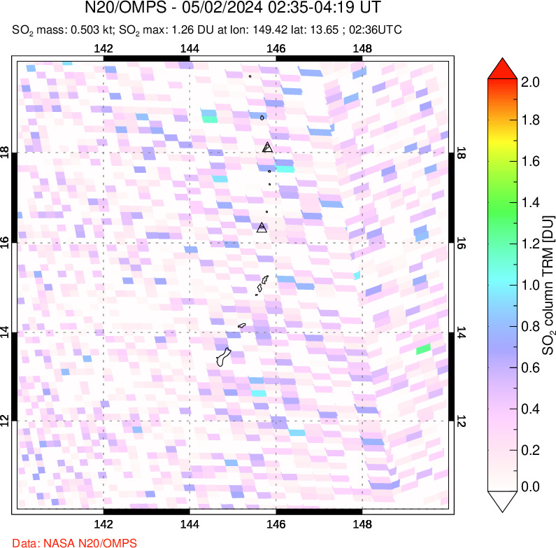 A sulfur dioxide image over Anatahan, Mariana Islands on May 02, 2024.