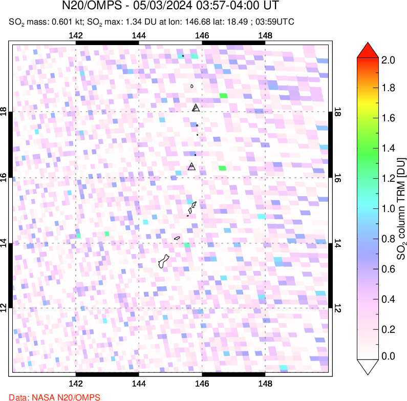 A sulfur dioxide image over Anatahan, Mariana Islands on May 03, 2024.