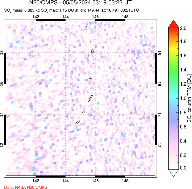 A sulfur dioxide image over Anatahan, Mariana Islands on May 05, 2024.