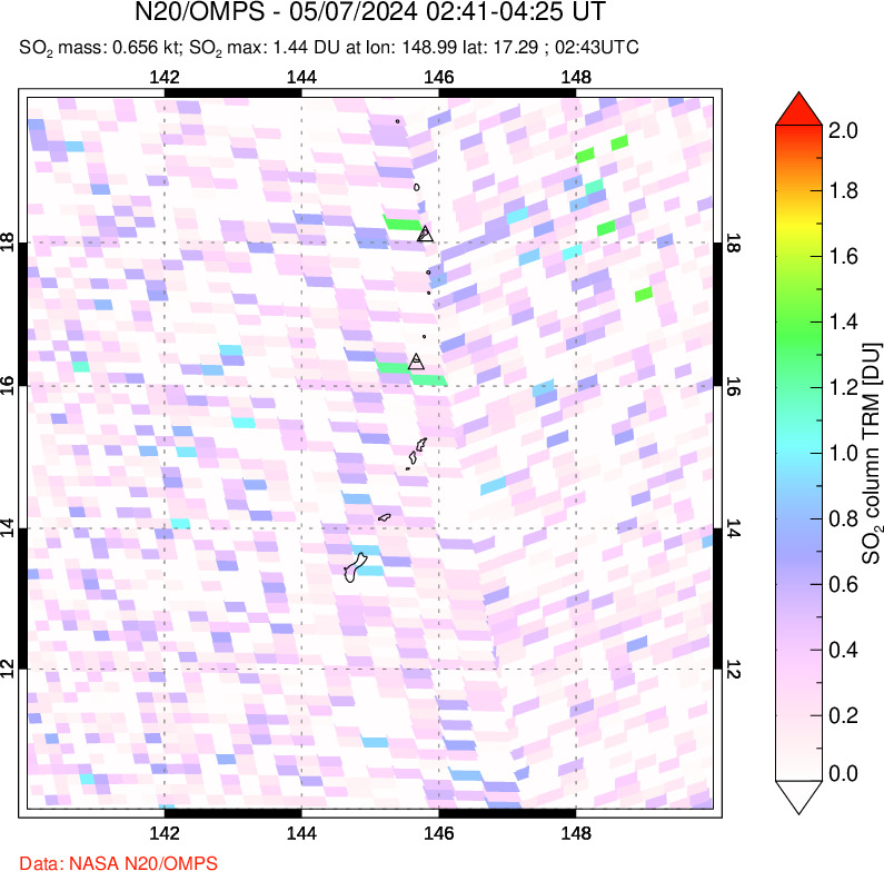 A sulfur dioxide image over Anatahan, Mariana Islands on May 07, 2024.