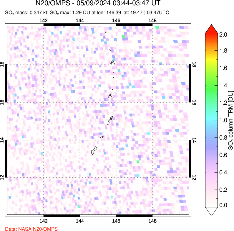 A sulfur dioxide image over Anatahan, Mariana Islands on May 09, 2024.