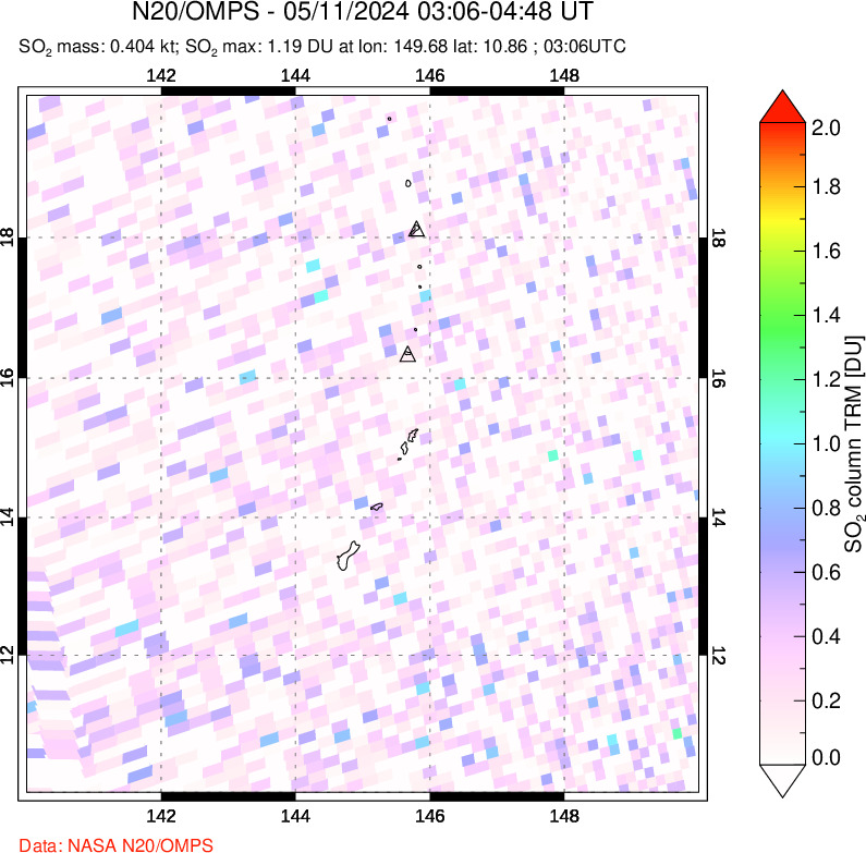 A sulfur dioxide image over Anatahan, Mariana Islands on May 11, 2024.