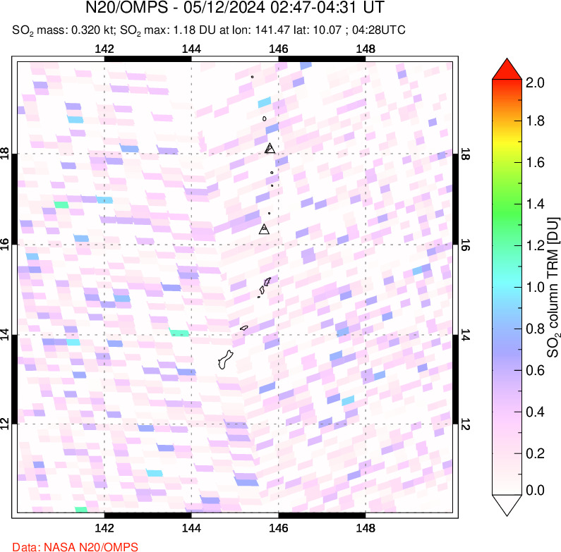 A sulfur dioxide image over Anatahan, Mariana Islands on May 12, 2024.