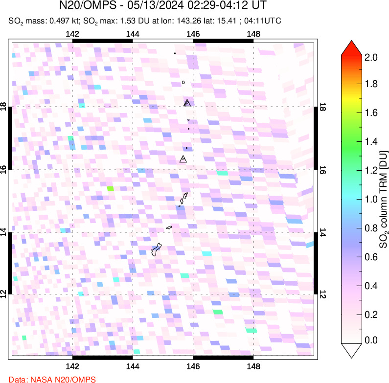 A sulfur dioxide image over Anatahan, Mariana Islands on May 13, 2024.