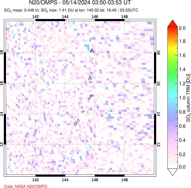 A sulfur dioxide image over Anatahan, Mariana Islands on May 14, 2024.