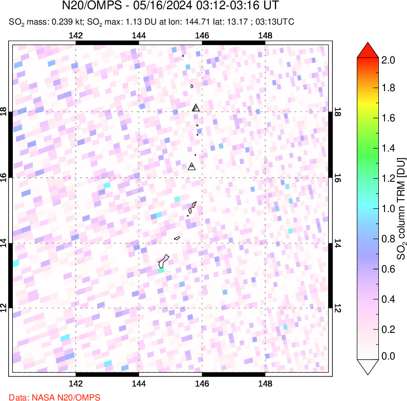 A sulfur dioxide image over Anatahan, Mariana Islands on May 16, 2024.