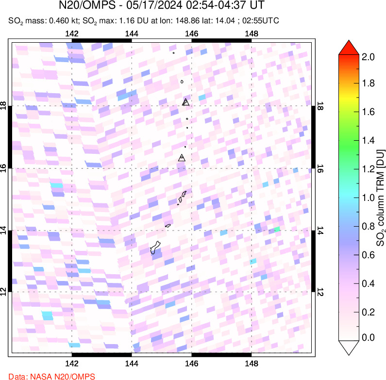 A sulfur dioxide image over Anatahan, Mariana Islands on May 17, 2024.