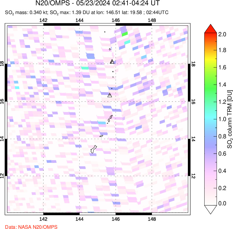 A sulfur dioxide image over Anatahan, Mariana Islands on May 23, 2024.