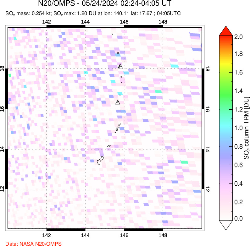 A sulfur dioxide image over Anatahan, Mariana Islands on May 24, 2024.