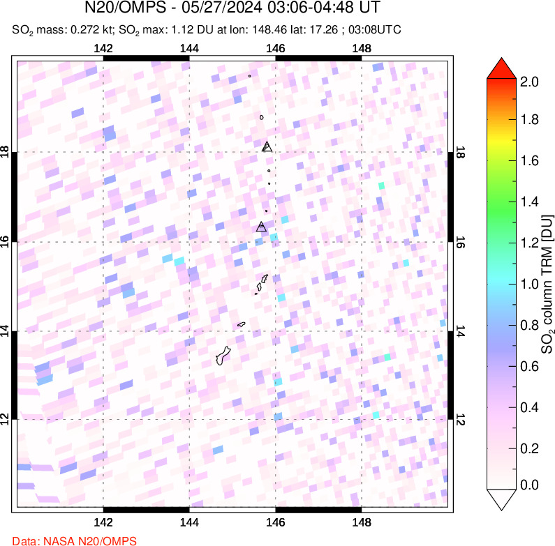 A sulfur dioxide image over Anatahan, Mariana Islands on May 27, 2024.