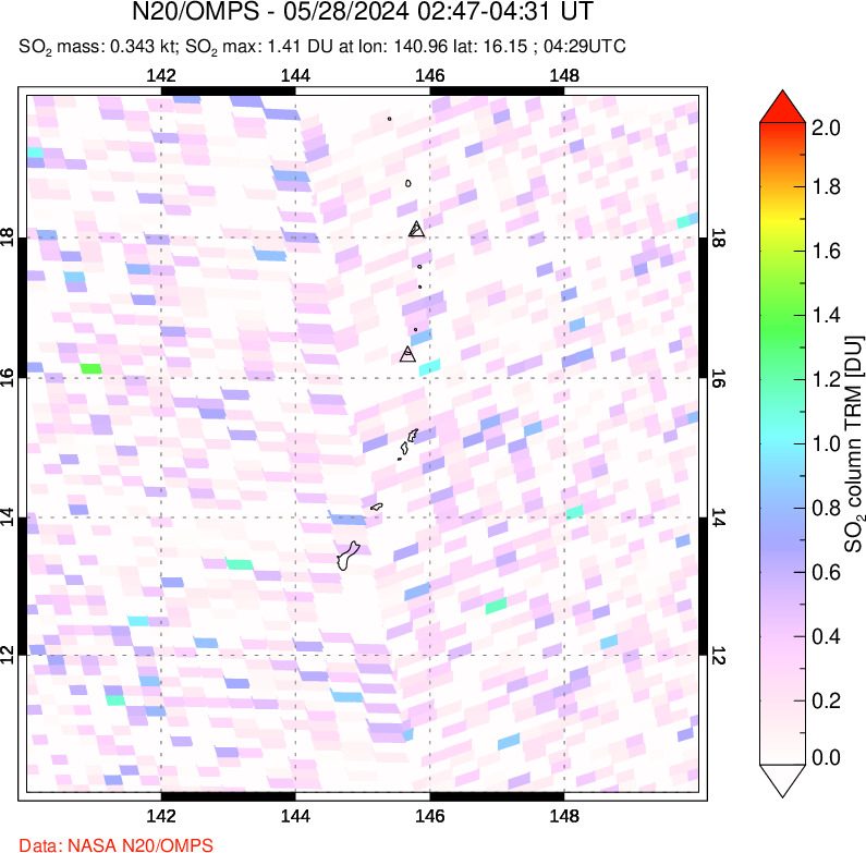 A sulfur dioxide image over Anatahan, Mariana Islands on May 28, 2024.