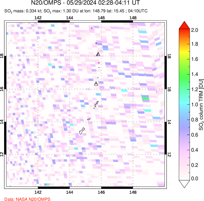 A sulfur dioxide image over Anatahan, Mariana Islands on May 29, 2024.