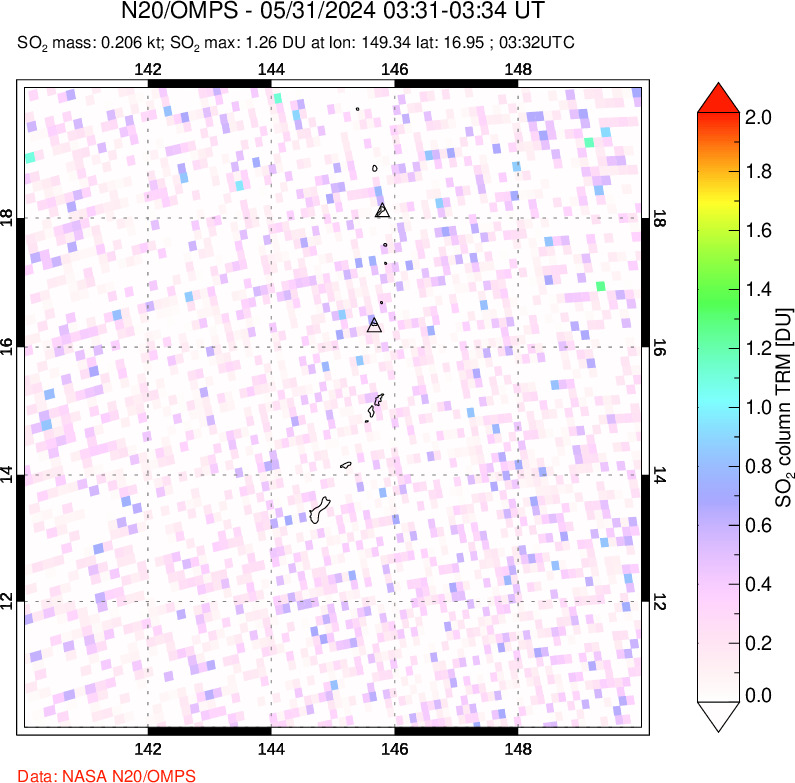 A sulfur dioxide image over Anatahan, Mariana Islands on May 31, 2024.