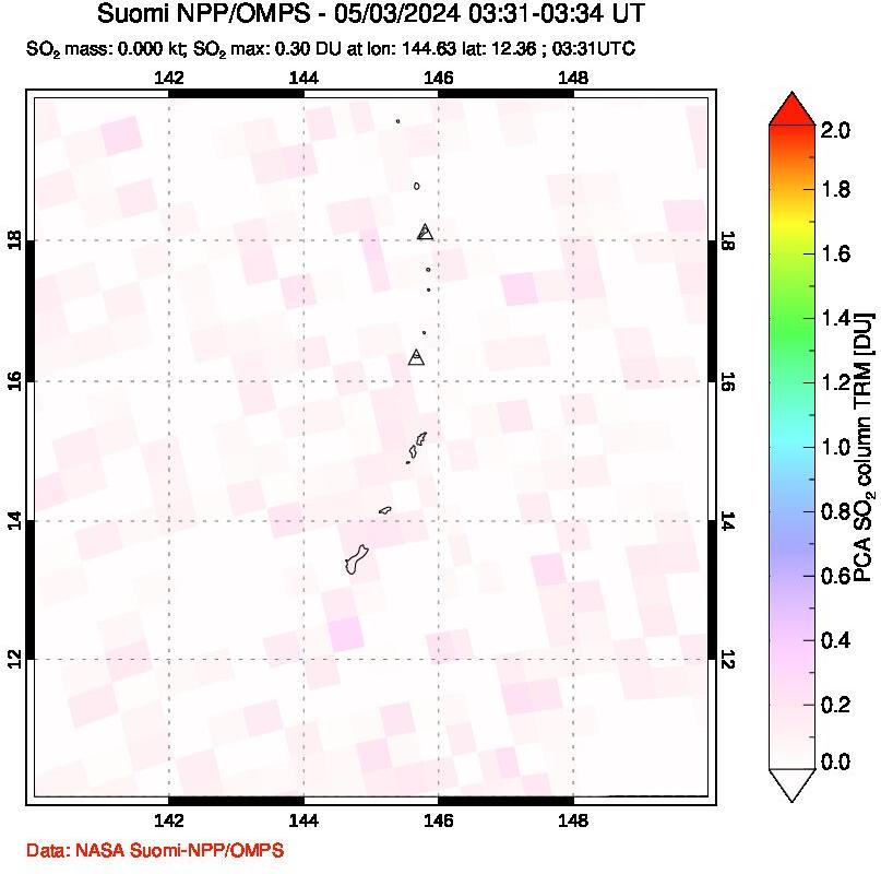 A sulfur dioxide image over Anatahan, Mariana Islands on May 03, 2024.