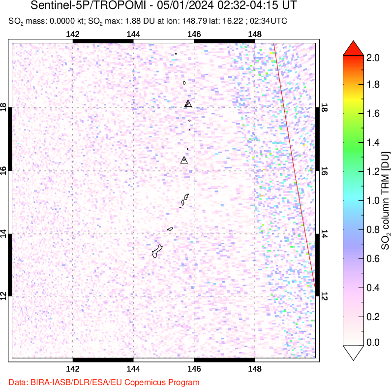 A sulfur dioxide image over Anatahan, Mariana Islands on May 01, 2024.