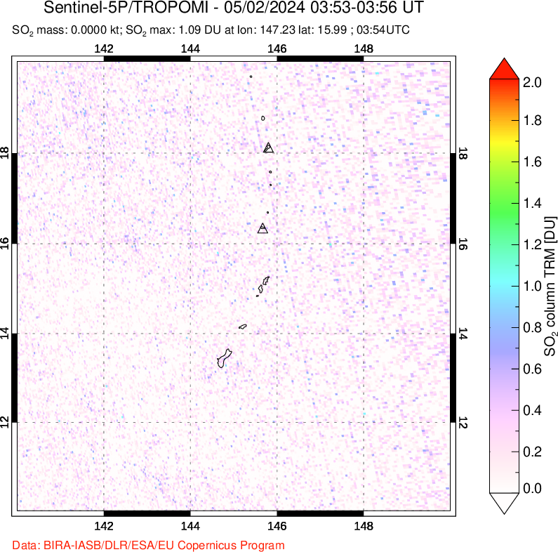 A sulfur dioxide image over Anatahan, Mariana Islands on May 02, 2024.