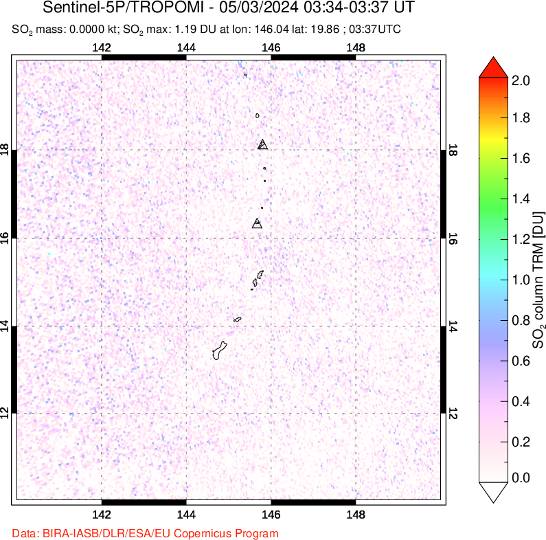 A sulfur dioxide image over Anatahan, Mariana Islands on May 03, 2024.