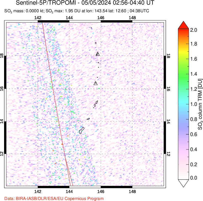 A sulfur dioxide image over Anatahan, Mariana Islands on May 05, 2024.