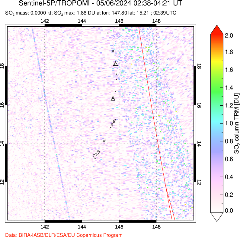 A sulfur dioxide image over Anatahan, Mariana Islands on May 06, 2024.