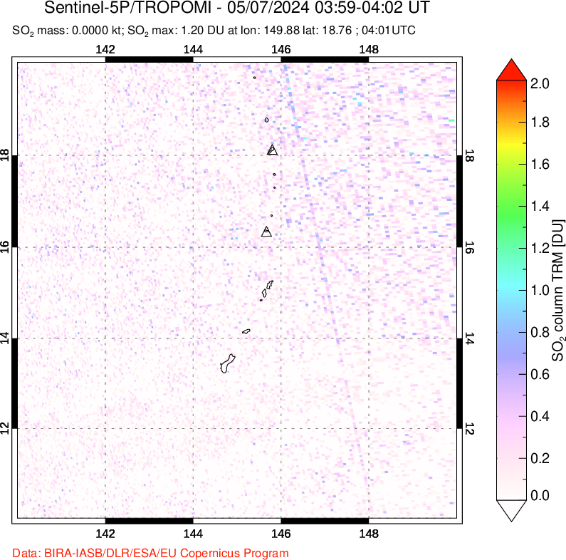 A sulfur dioxide image over Anatahan, Mariana Islands on May 07, 2024.