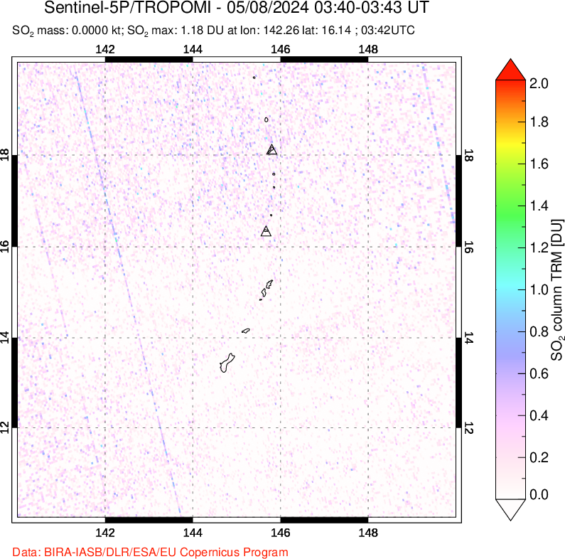 A sulfur dioxide image over Anatahan, Mariana Islands on May 08, 2024.