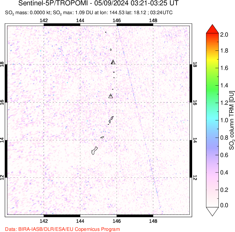 A sulfur dioxide image over Anatahan, Mariana Islands on May 09, 2024.