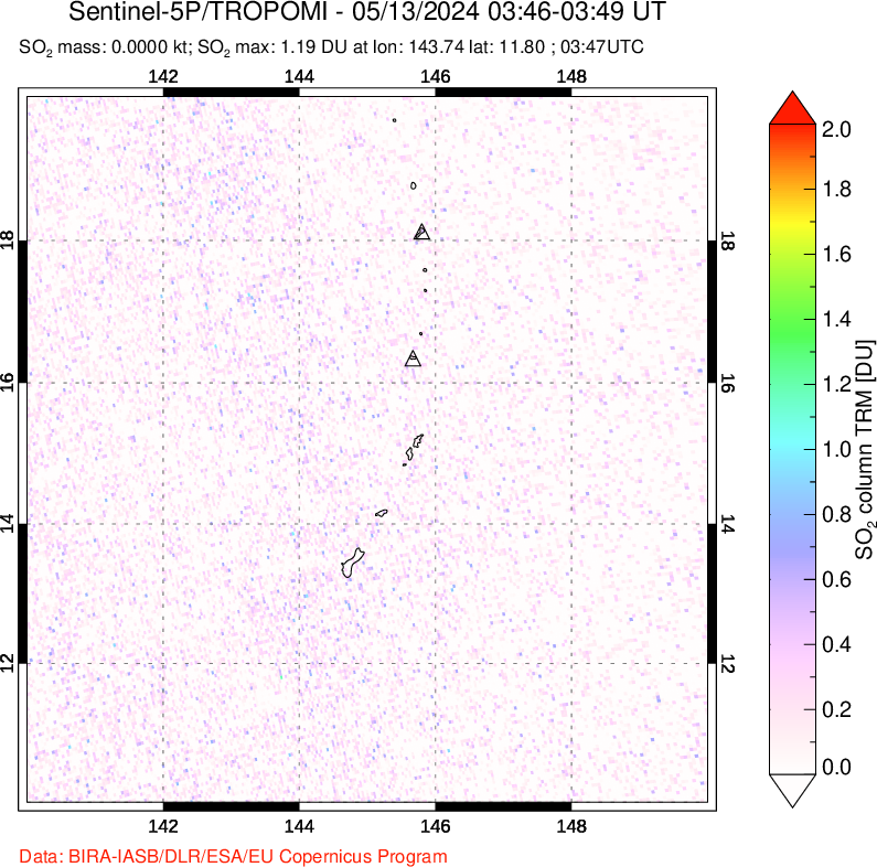 A sulfur dioxide image over Anatahan, Mariana Islands on May 13, 2024.