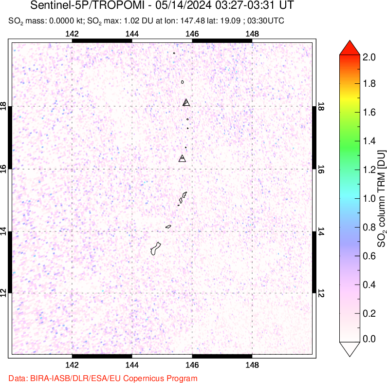 A sulfur dioxide image over Anatahan, Mariana Islands on May 14, 2024.