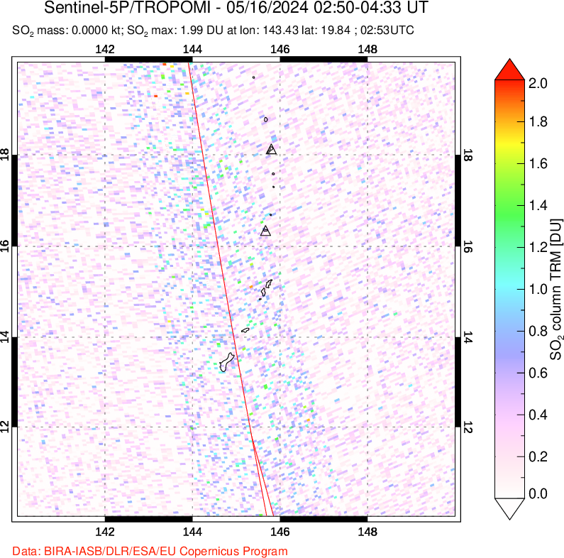 A sulfur dioxide image over Anatahan, Mariana Islands on May 16, 2024.