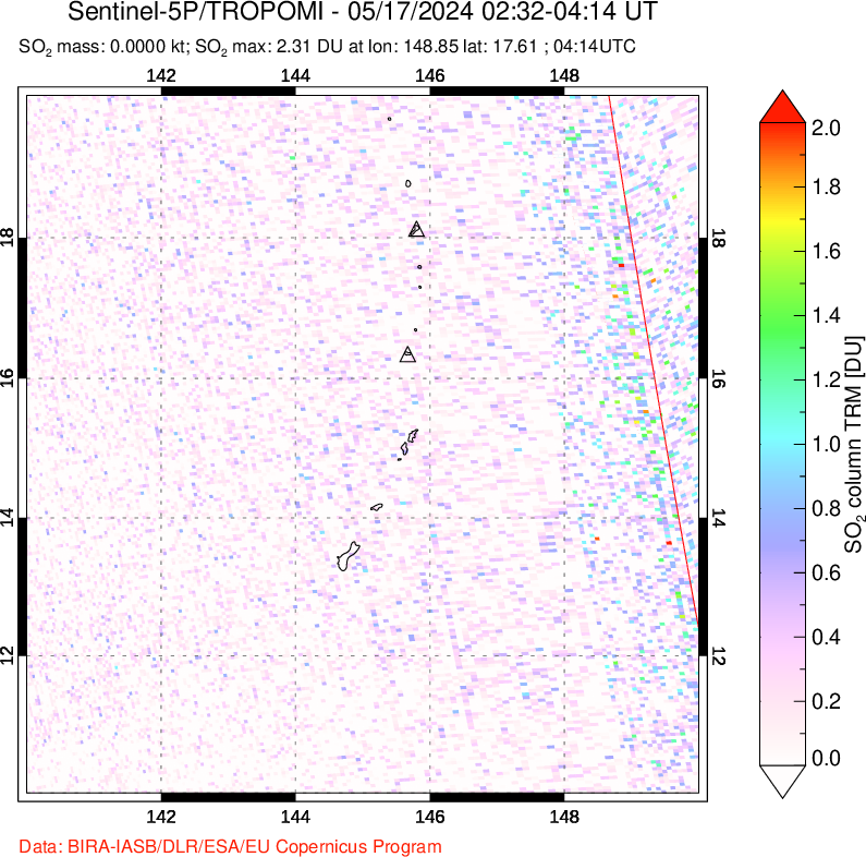 A sulfur dioxide image over Anatahan, Mariana Islands on May 17, 2024.