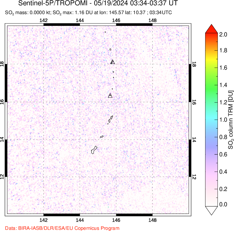 A sulfur dioxide image over Anatahan, Mariana Islands on May 19, 2024.