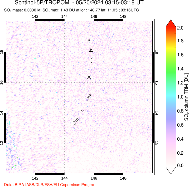 A sulfur dioxide image over Anatahan, Mariana Islands on May 20, 2024.