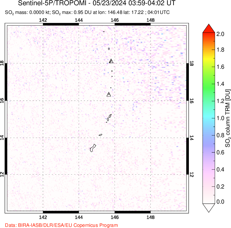 A sulfur dioxide image over Anatahan, Mariana Islands on May 23, 2024.