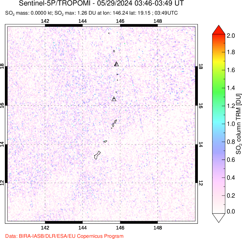 A sulfur dioxide image over Anatahan, Mariana Islands on May 29, 2024.