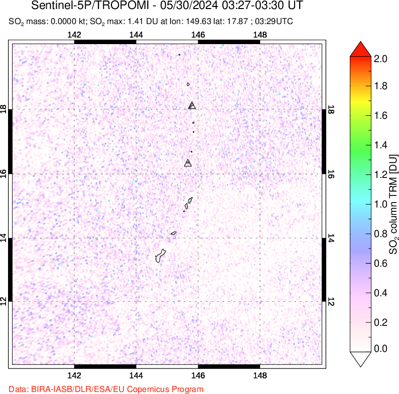 A sulfur dioxide image over Anatahan, Mariana Islands on May 30, 2024.