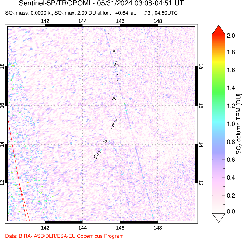 A sulfur dioxide image over Anatahan, Mariana Islands on May 31, 2024.