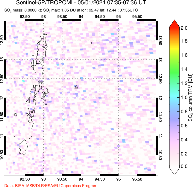 A sulfur dioxide image over Andaman Islands, Indian Ocean on May 01, 2024.